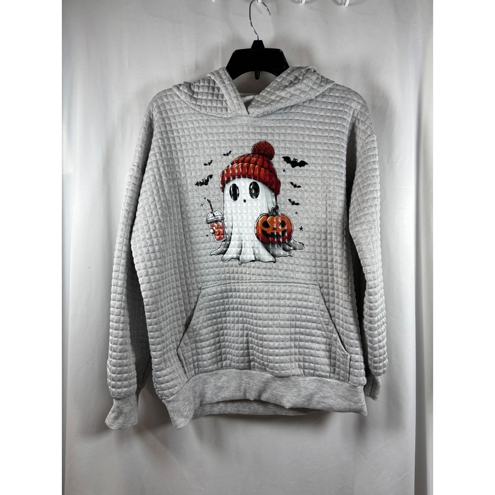 Womens Grey Quilted Halloween Ghost Graphic Hoodie Sweatshirt Small